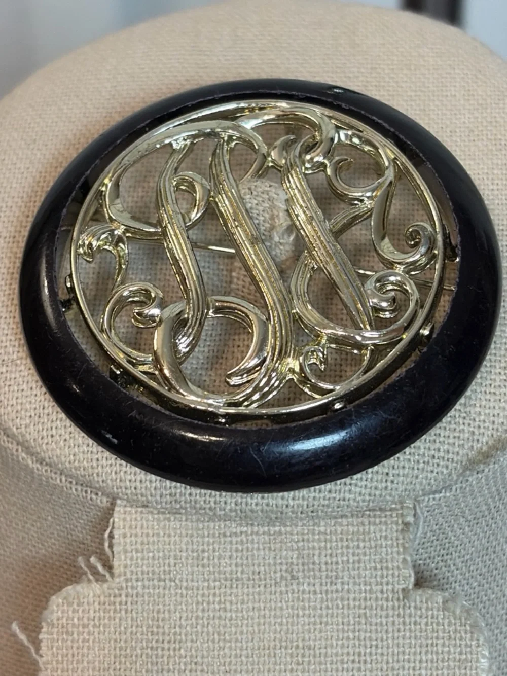 Vintage Gold tone Filigree Brooch with Black BakeliteFrame